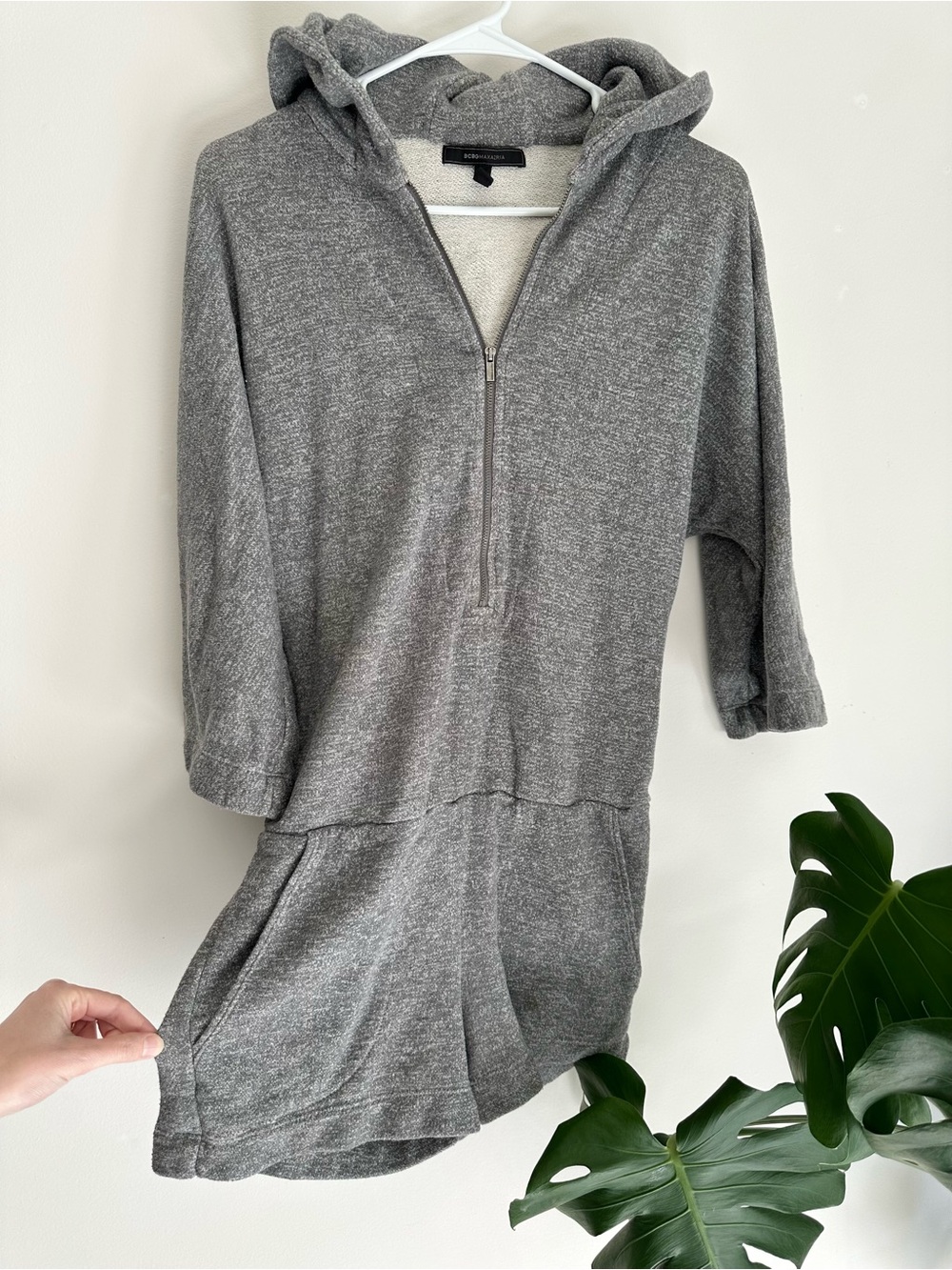 BCBGMaxAzria Light Heather Gray Knit Zip Romper